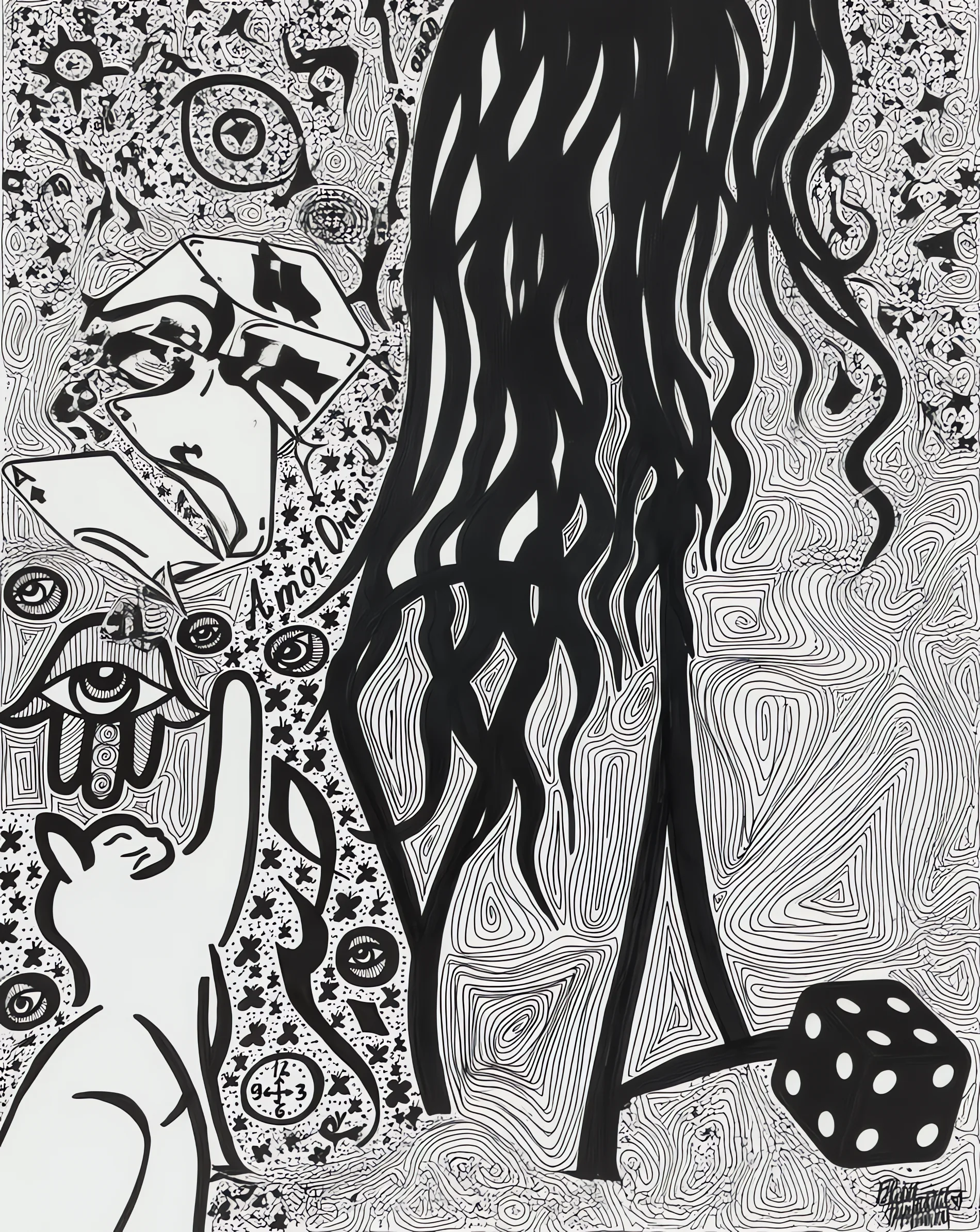 Girl with flowing hair, cards and dice