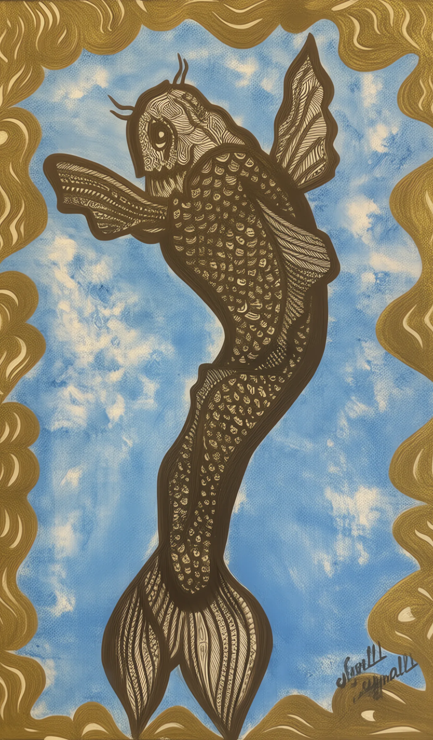 Koi painted in gold on blue