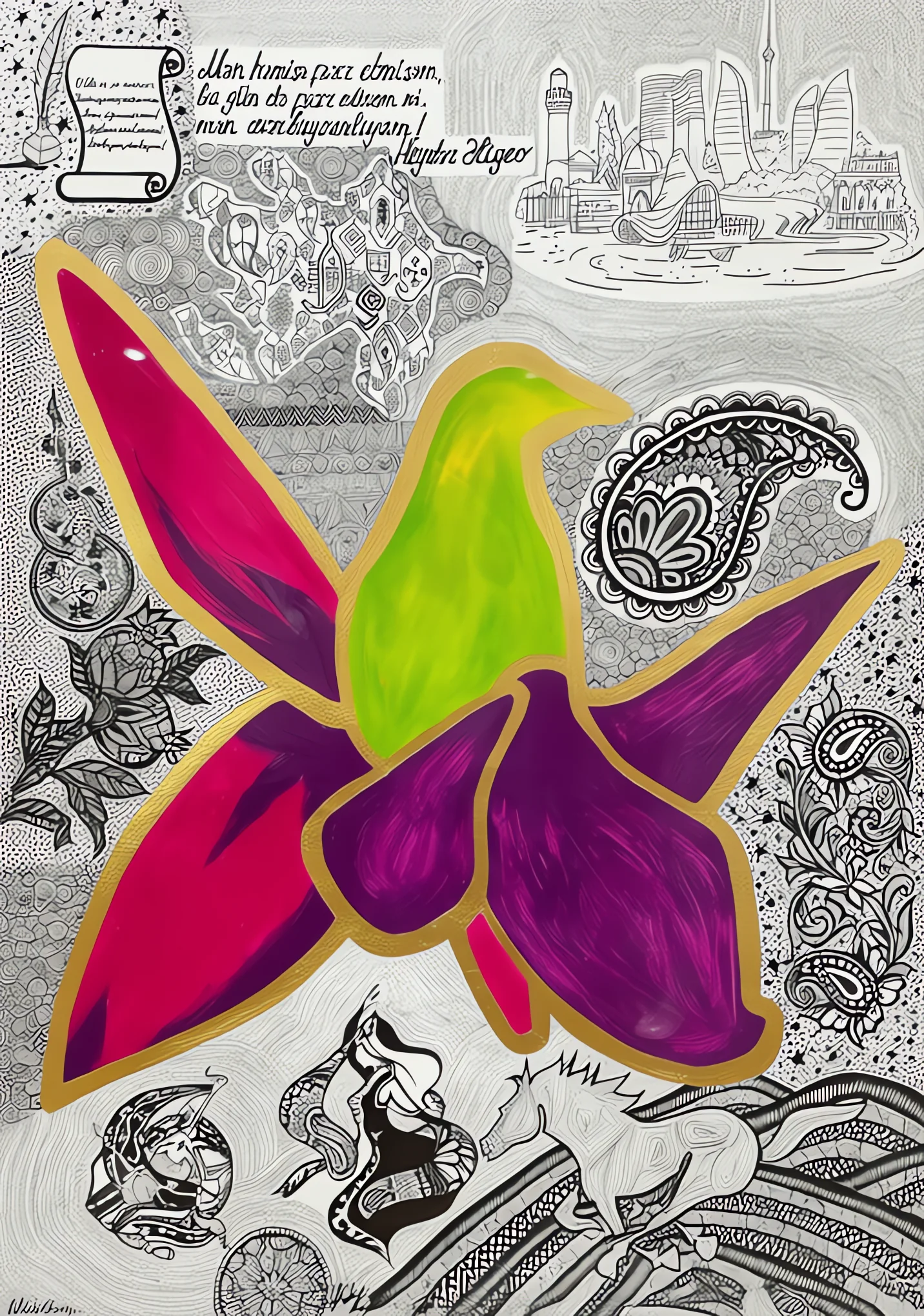 Orchid in magenta with gold outline