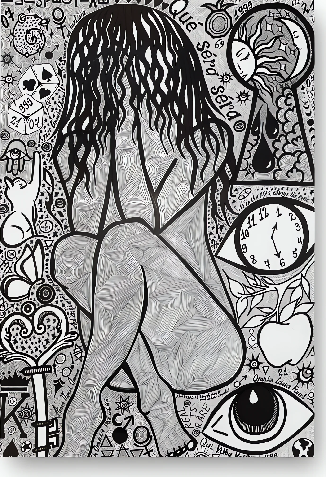Seated figure in ink with a keyhole motif