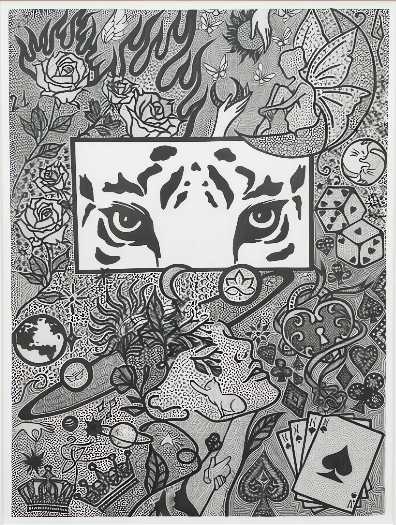 Tiger eyes among ornament
