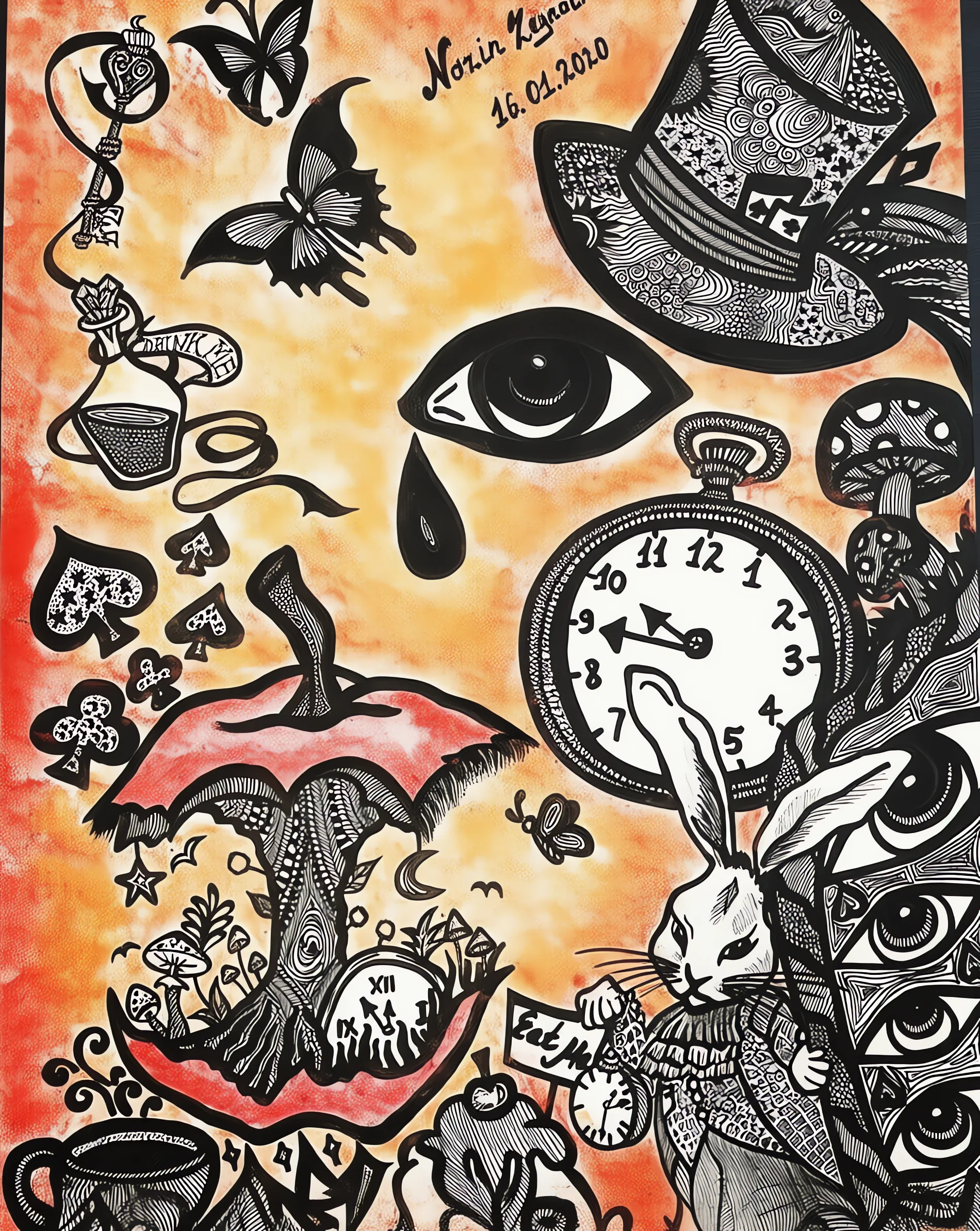 Wonderland scene in colored ink